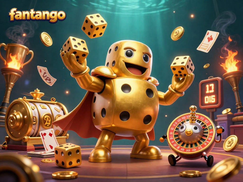Experience the magic of fantango as a golden dice golem juggles riches in this vibrant casino scene.