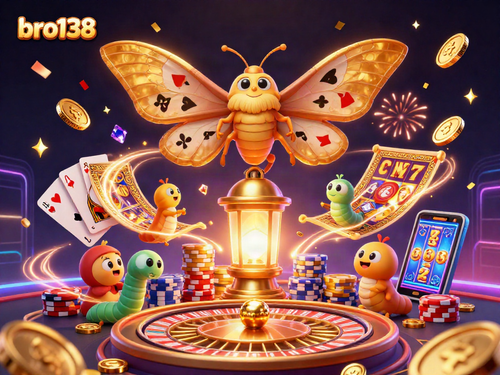 Spin to win with bro138's vibrant casino scene featuring a jackpot-ready moth and thrilling game elements.