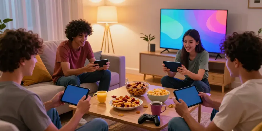 Friends enjoying the Rumble Rummy mobile app in a cozy living room.