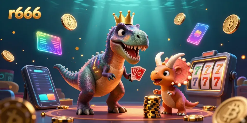 Play cards and stack chips with r666's playful dino characters in a vibrant casino scene.