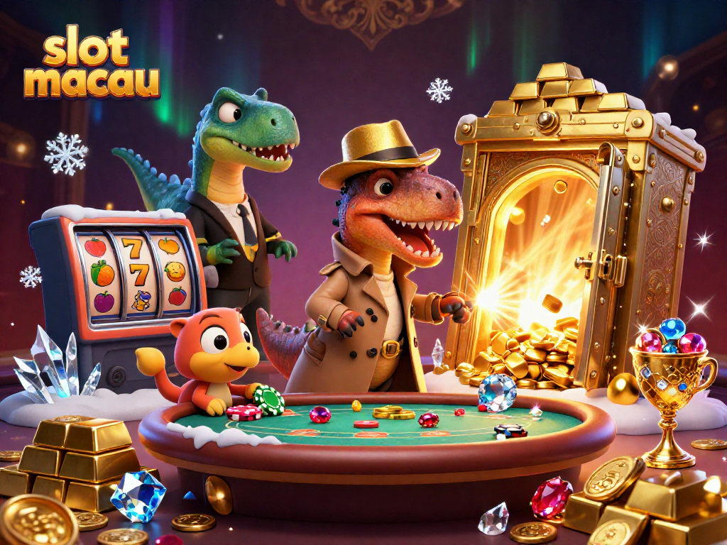 Spin the slot macau reels with a whimsical velociraptor card counter at the blackjack table amidst gems and treasures.