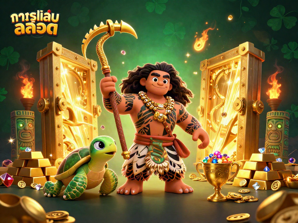 Experience ทดลองเล่นสล็อต with an engaging scene of rich treasures and lively characters in a vibrant casino setting.