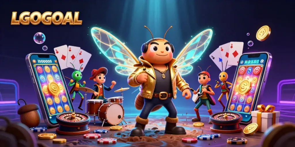 Engage in thrilling gaming action with LGOGOAL, showcasing a vibrant 3D illustration of animated characters and casino elements.