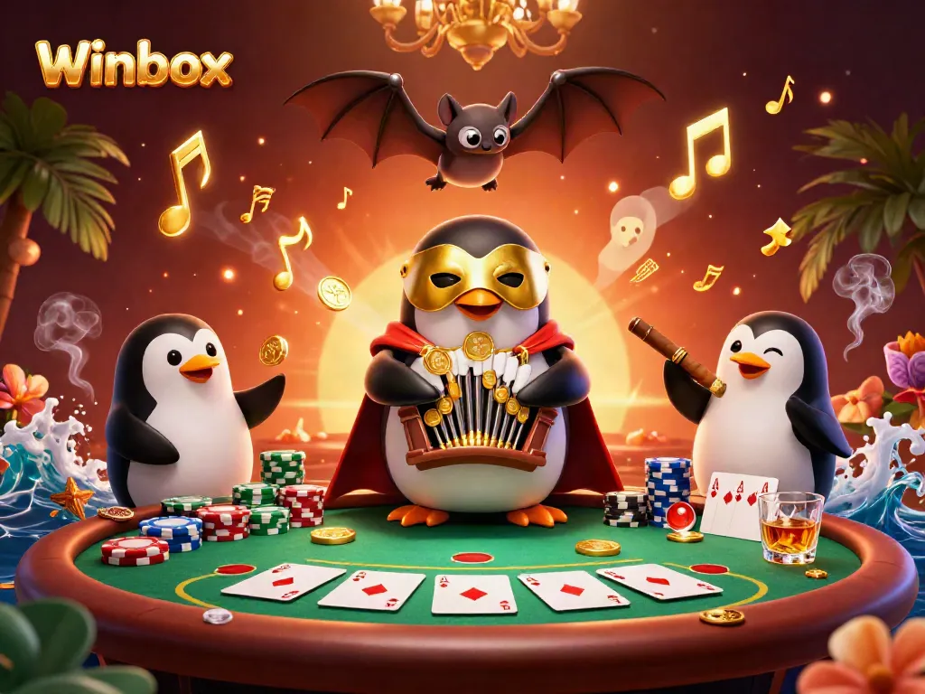 Winbox brings excitement with a penguin playing a coin-shooting organ surrounded by colorful poker chips and cards.