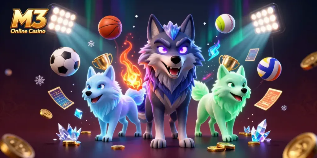 Engage with the thrilling atmosphere of M3 Online Casino featuring dynamic gaming elements and vibrant characters.