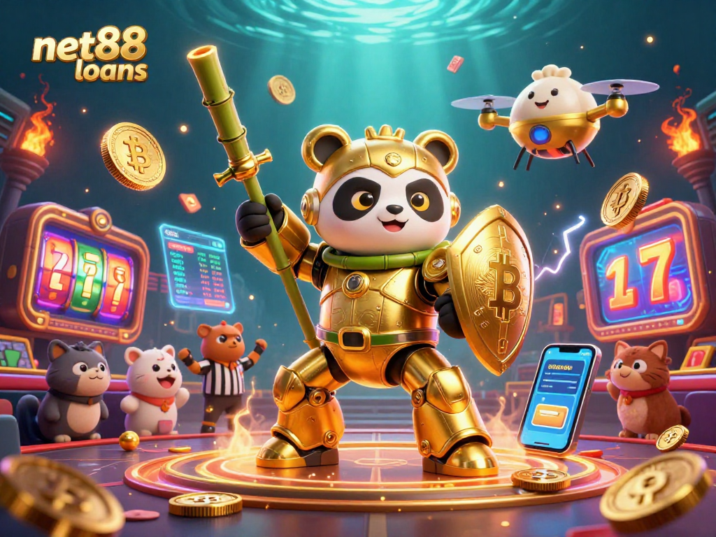 Engage with net88 loans in a vibrant casino scene featuring a golden panda mech-suit, crypto elements, and animated action.