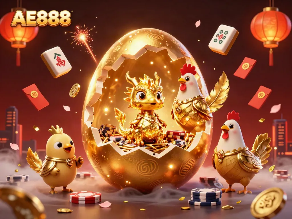 Experience thrilling AE888 moments with a golden dragon and poker chips in an enchanting casino scene.