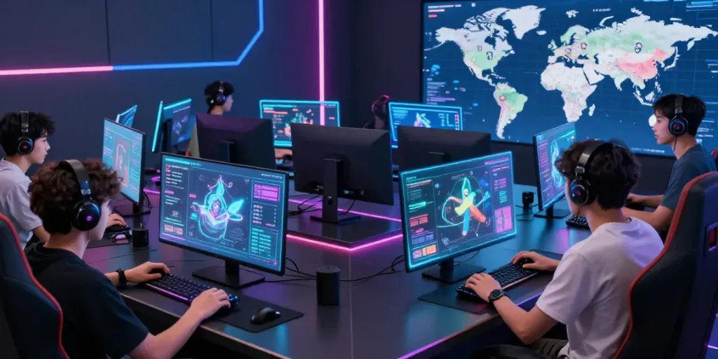 Dynamic online gaming scene featuring Singatoto players engaged in gameplay with holographic interfaces.