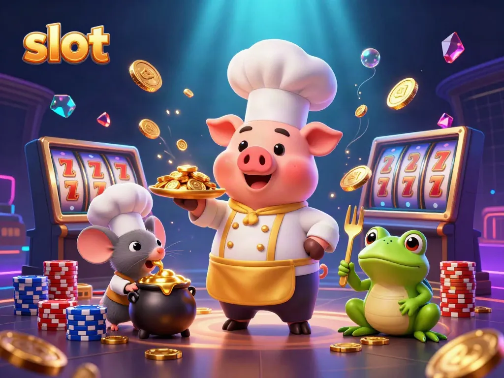 Experience thrilling moments with slot games as a chef pig serves gold coins, creating a vibrant casino atmosphere.