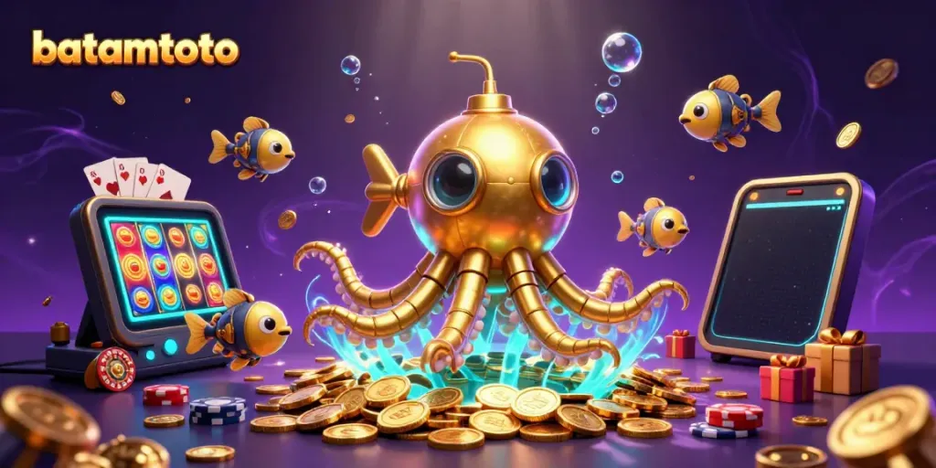 Experience batamtoto gaming with a golden kraken submarine amid vibrant casino elements in a dynamic scene.