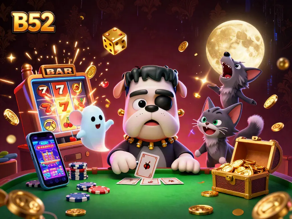 Engage in thrilling B52 gaming action with cartoon monsters and vibrant casino elements.