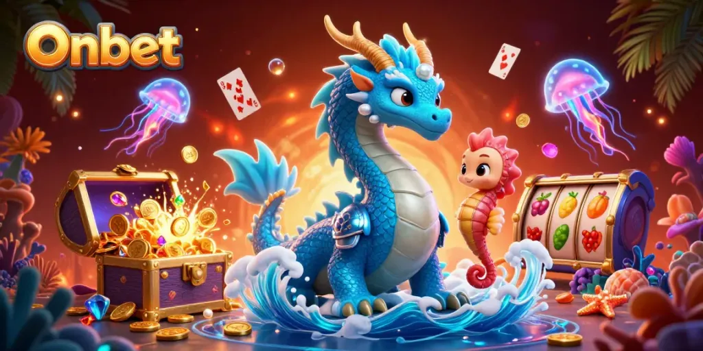 Engage with Onbet’s thrilling underwater casino scene featuring a dragon and colorful characters.