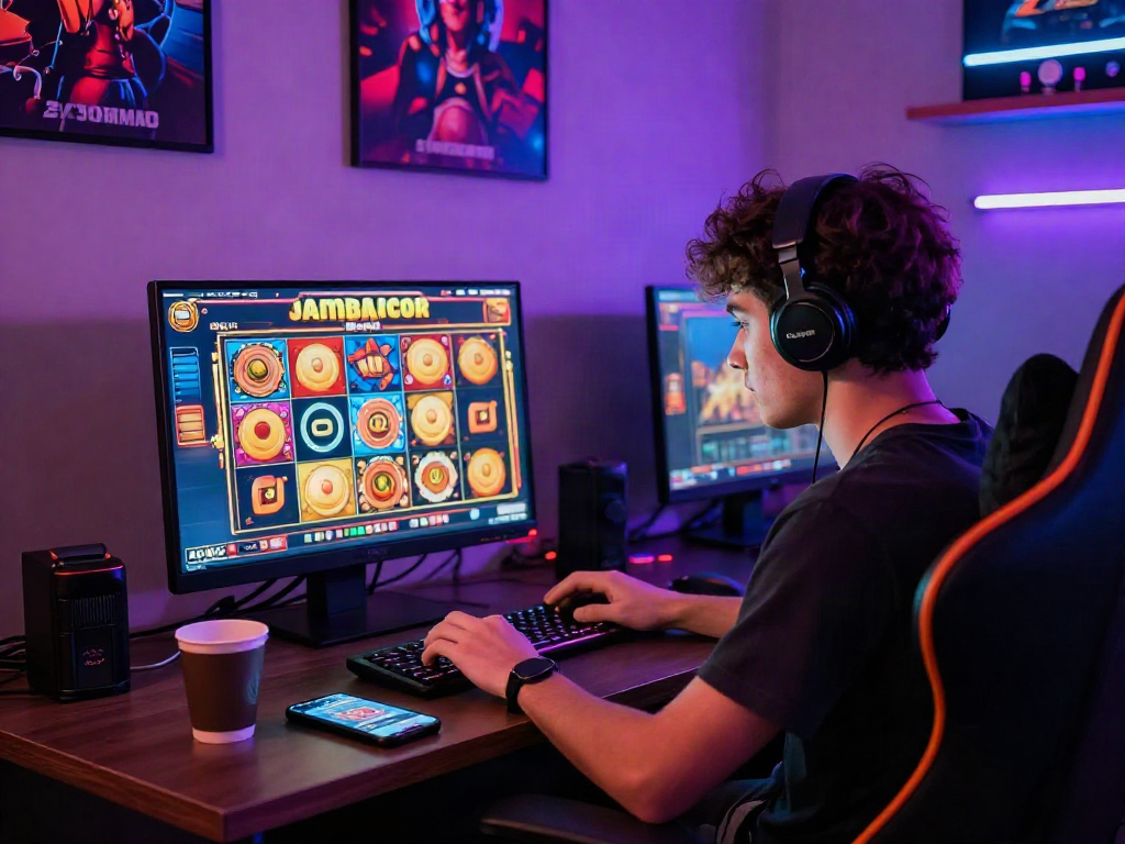 Playing slot gacor on a laptop in a vibrant gaming space with neon lights.