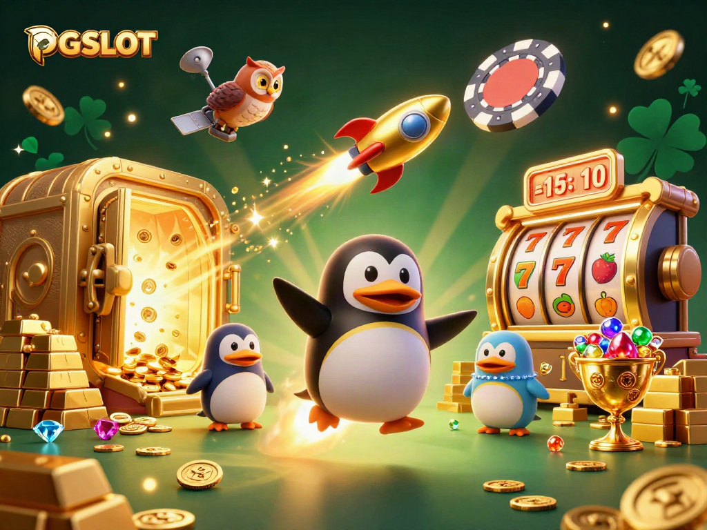 PG SLOT rocket-powered penguin flies to casino, showcasing golden coins, jackpots, and treasures.