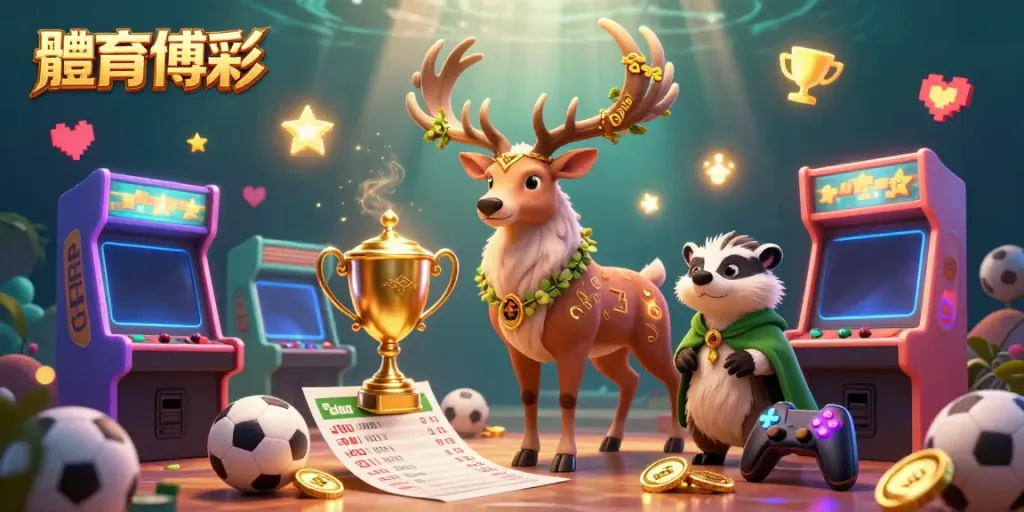Engage in 體育博彩 with vibrant sports betting elements, showcasing dynamic gold trophies, balls, and a lively scene.