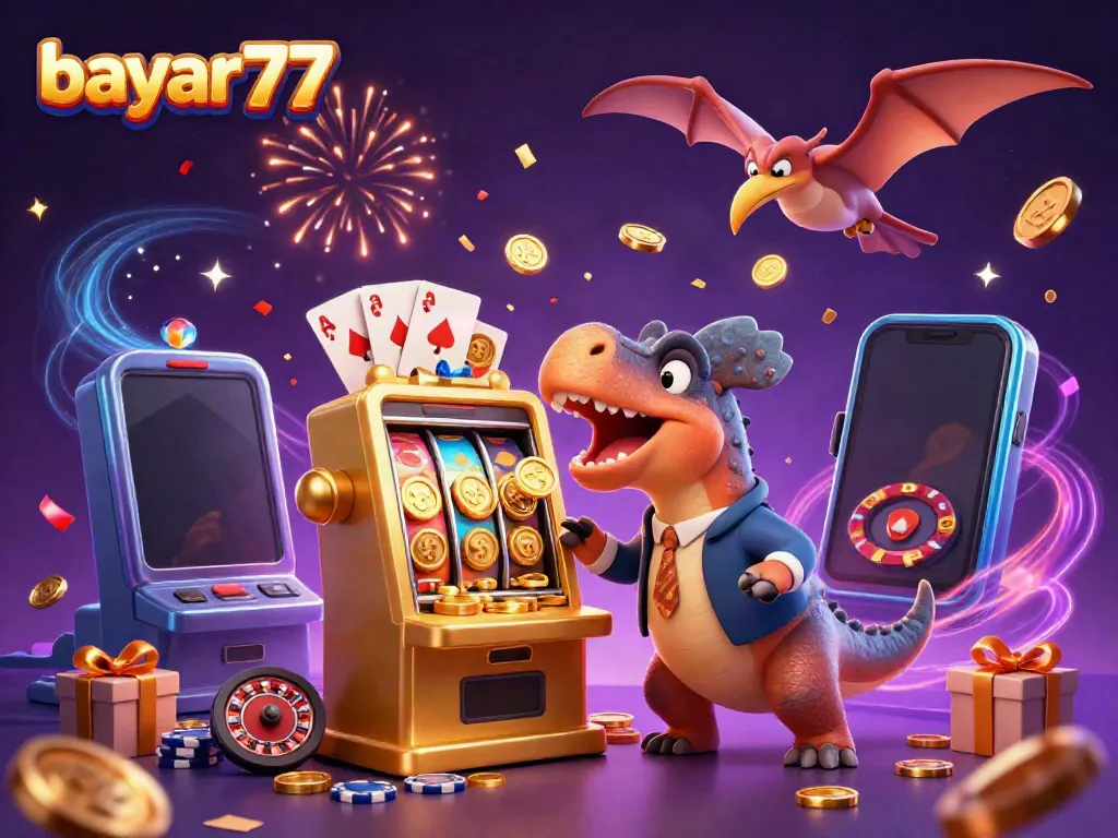 Catch the excitement of bayar77 as a pachycephalosaurus hits a jackpot, bringing coins raining down in a playful casino scene.