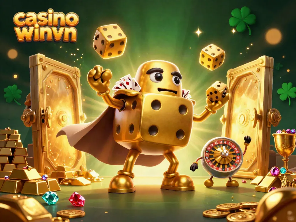 Experience the vibrant excitement of casino winvn with golden dice juggling and treasures surrounding a lively gaming scene.