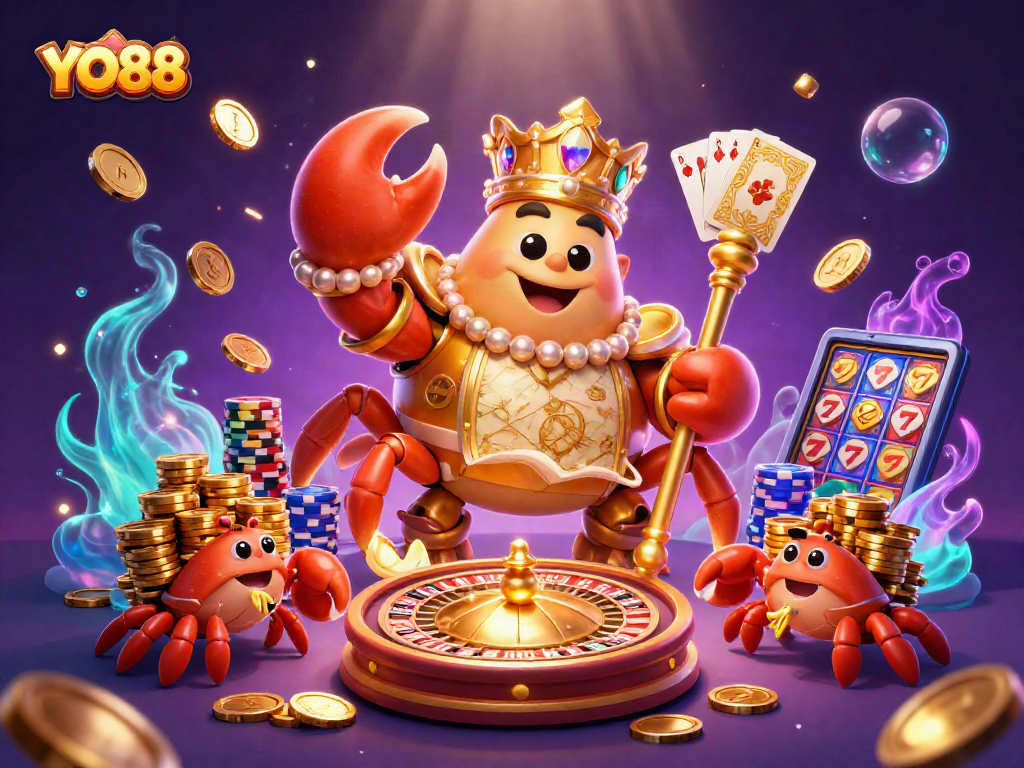 Experience thrilling gaming at YO88 with a majestic crab emperor and treasure elements.