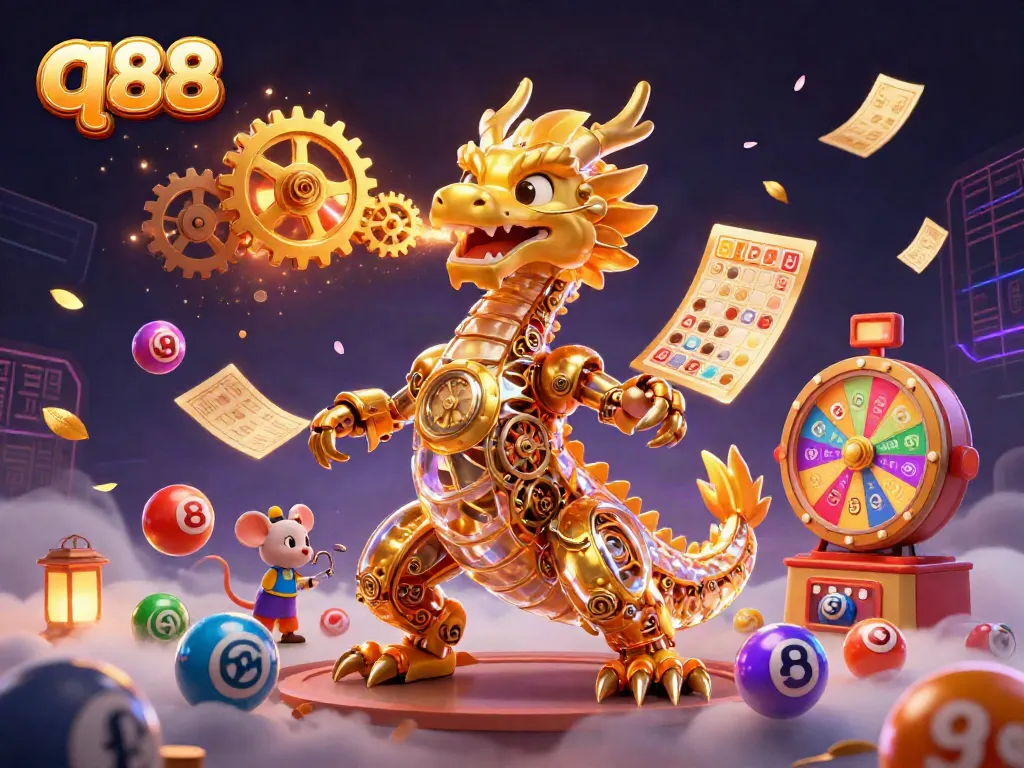 Engage with q88's vibrant casino experience featuring a mechanical dragon, golden elements, and lottery excitement.