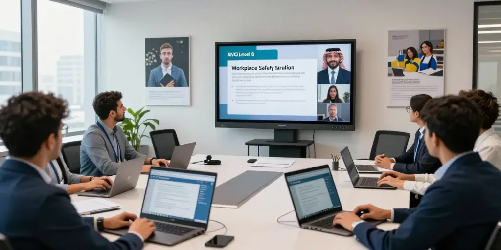 Engaged professionals participating in NVQ Level 6 in Saudi Arabia training on workplace safety in a modern virtual setting.