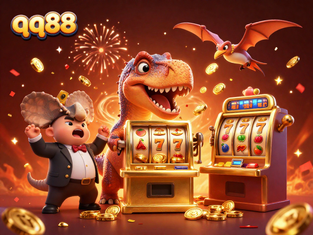Experience the excitement of qq88 as a cartoon dinosaur wins jackpots at a busy casino scene!