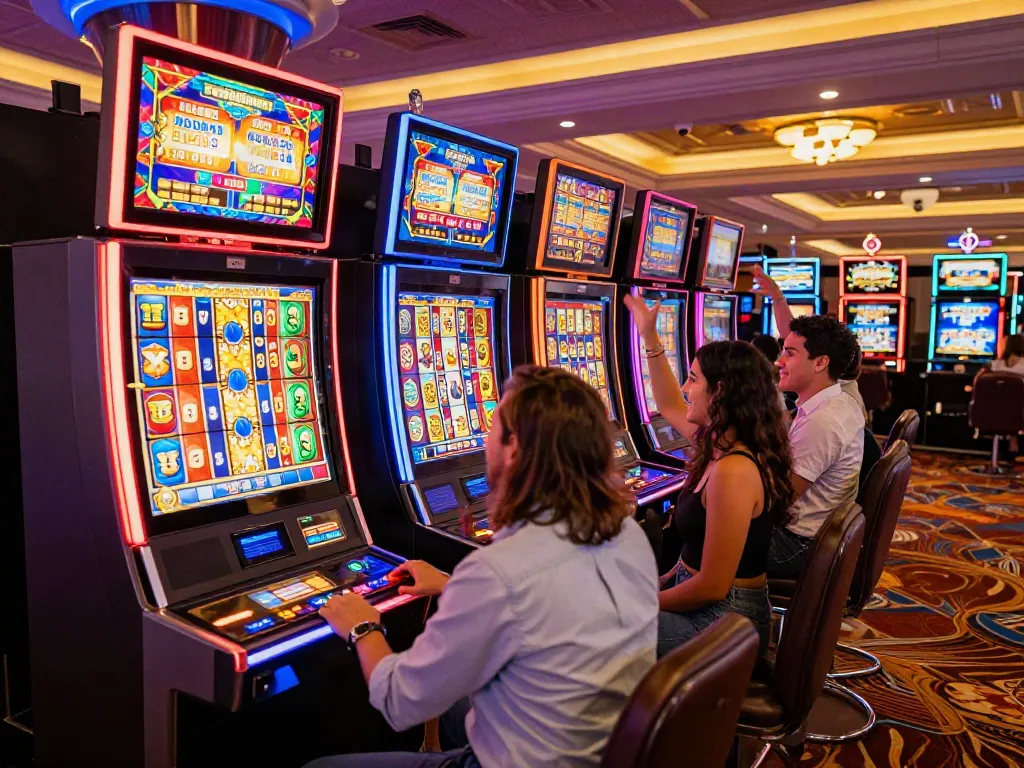 Friends celebrating a slot gaming win at a vibrant casino.