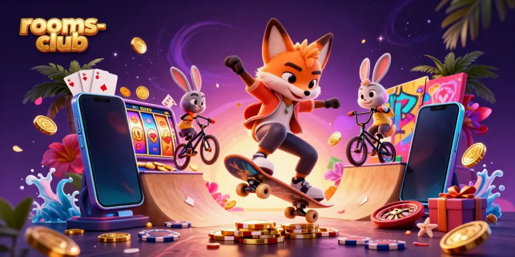 Kegiatan seru di rooms-club dengan karakter kartun skateboarder dan kelinci BMX beraksi di ramp chip poker.