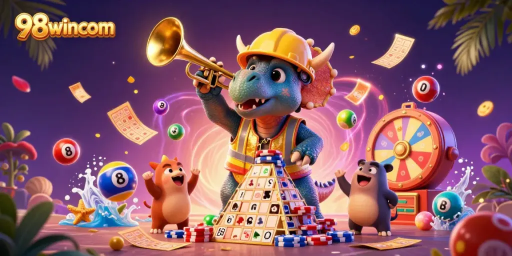 Experience the vibrant world of 98wincom with dinosaurs celebrating casino winnings in a colorful virtual setting.