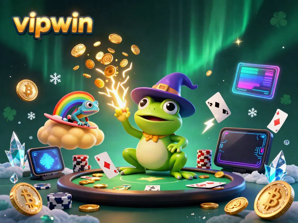 Engage with a vibrant vipwin scene showcasing a wizard frog and rainbow chameleon amidst casino elements and gold coins.
