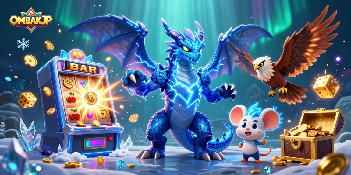 Spin to win with OMBAKJP in this vibrant casino scene featuring dynamic slot action!
