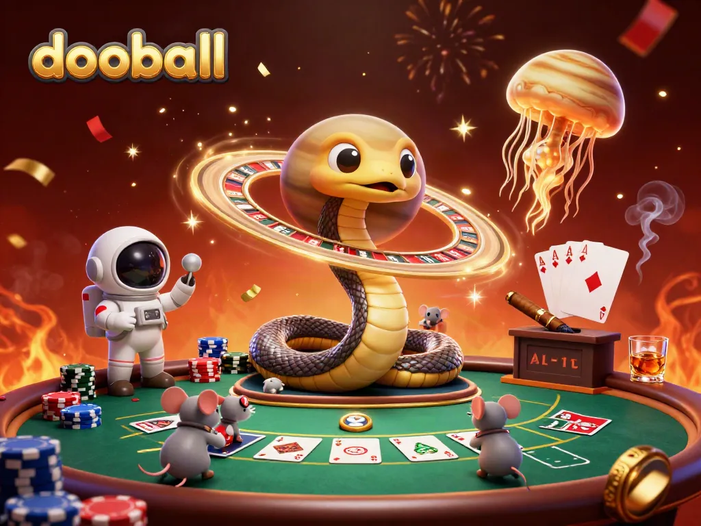 Engaging dooball scene with a Saturn snake as a roulette wheel and astronaut mice placing bets.