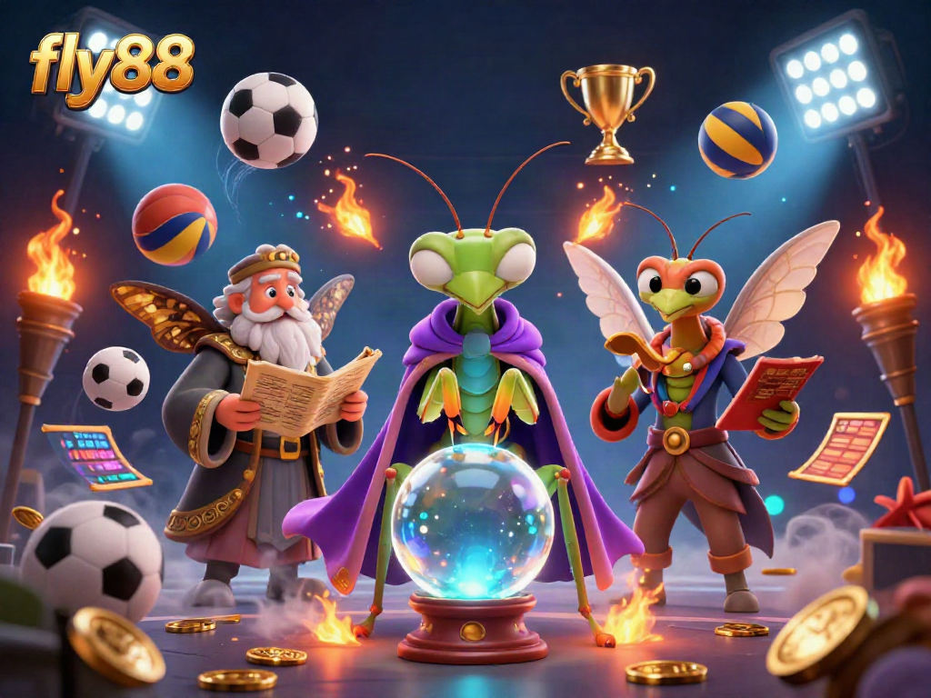 Engage with fly88 and win big in this enchanting gambling scene featuring a fortune teller and sports elements.