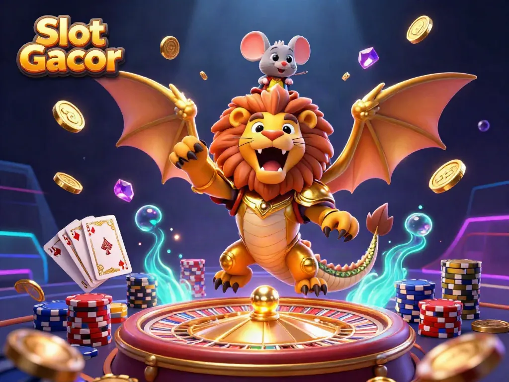 Experience the thrill of Slot Gacor with a stunning 3D chimera and mouse jockey amidst coins and jewels.