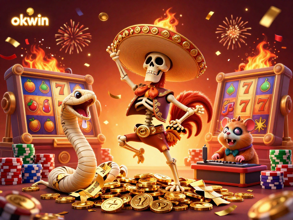 Experience the excitement of okwin with a thrilling 3D illustration full of vibrant slot reels, golden coins, and festive celebration elements.