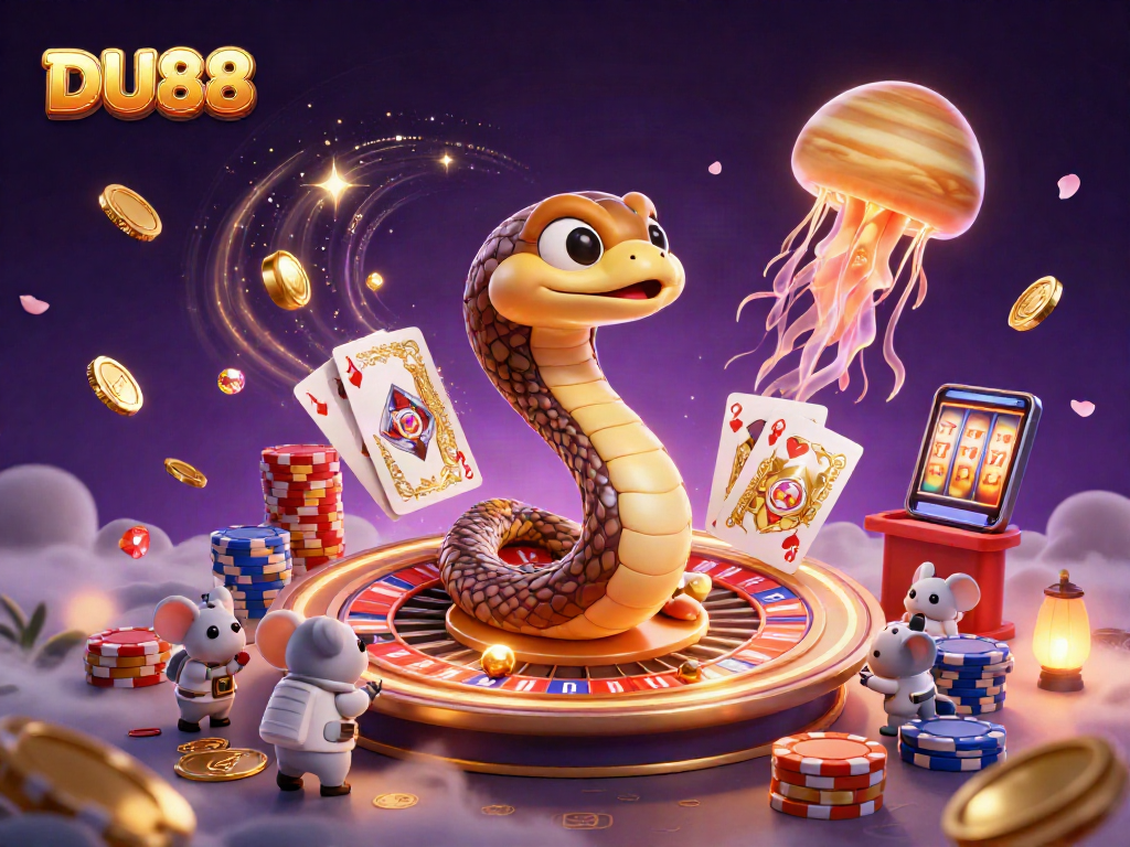 Experience thrilling bets with DU88 in a vibrant cosmic casino scene with roulette elements.