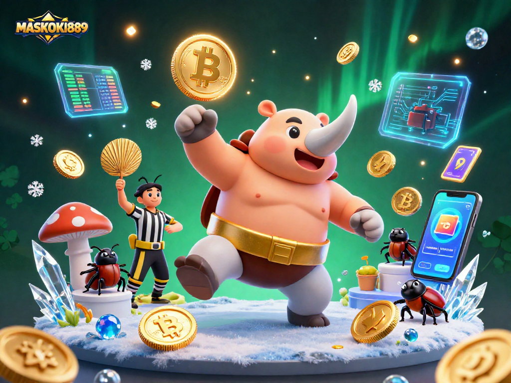 Experience dynamic casino action with MASKOKI889's thrilling cartoon scene featuring vibrant sumo champions and crypto elements.