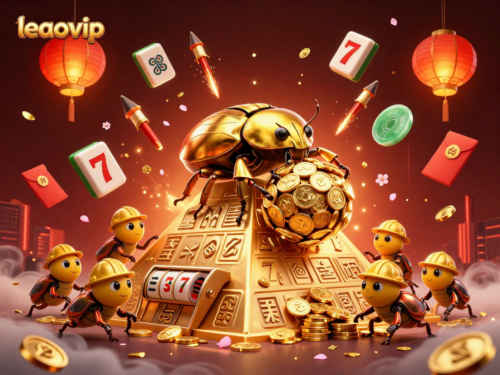 Play at leaovip and enjoy a vibrant 3D scene of golden beetles and soaring slot jackpots.