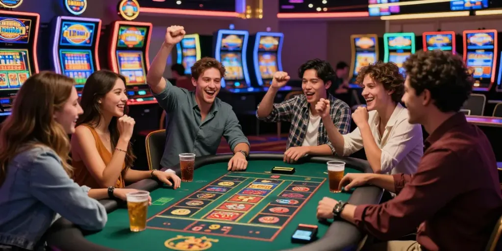 Group celebrating a slot jackpot win in a vibrant casino setting with flashing machines.