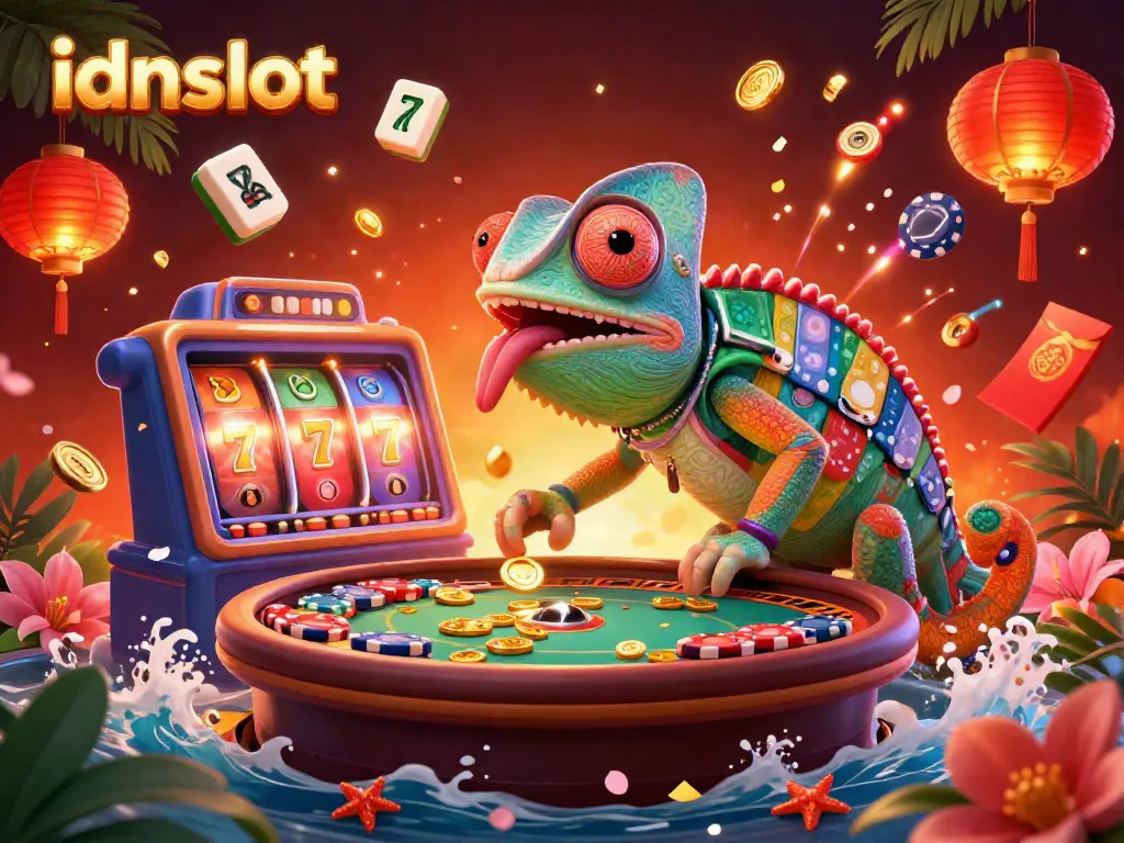 Experience the vibrant excitement of idnslot with spinning slot reels, gold coins, and a colorful chameleon casino owner.