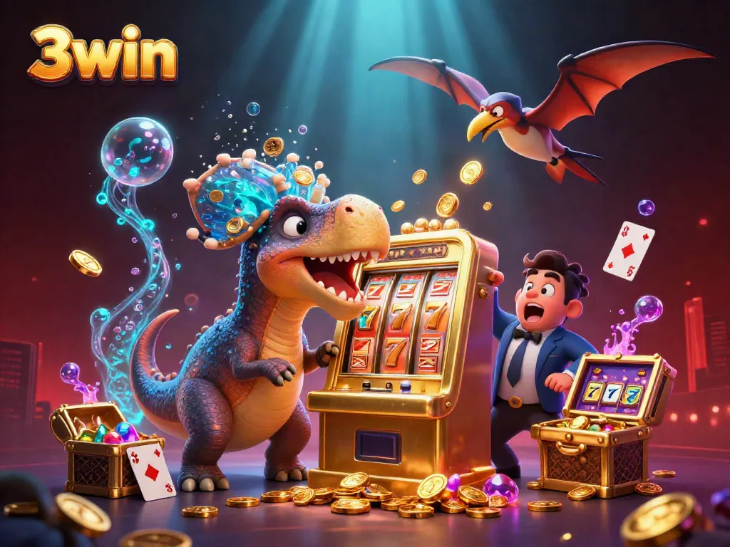 3win's dynamic scene featuring animated characters, a jackpot-winning slot machine, and flying golden coins