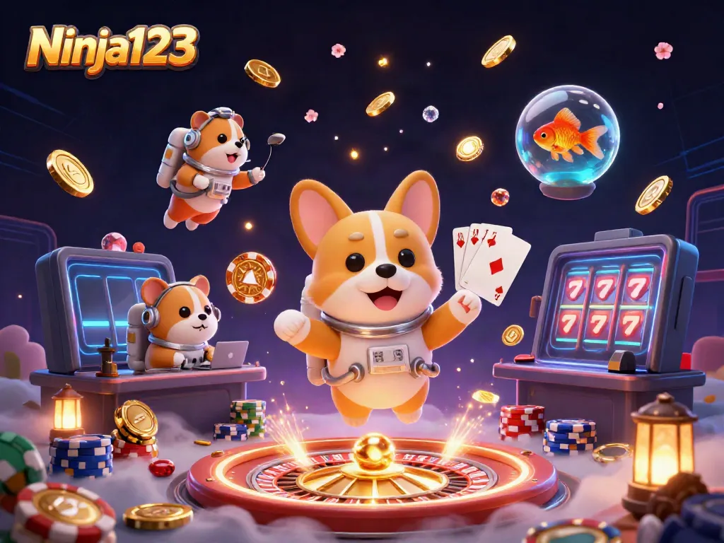 Ninja123 captivates players with an engaging casino scene featuring an astronaut corgi and more.