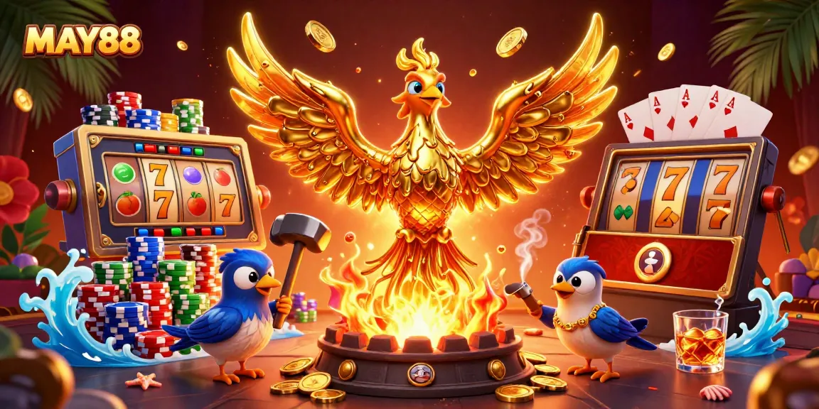 MAY88 showcases a stunning scene of a golden phoenix and poker elements, symbolizing fortune.