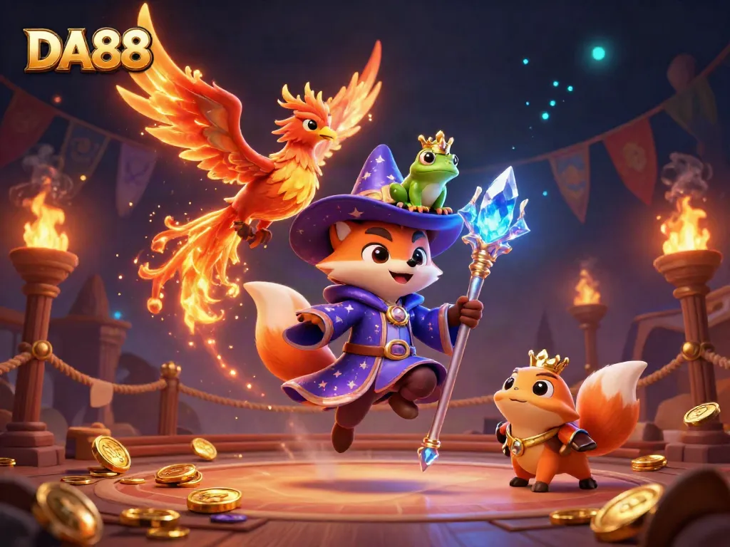 Engage in thrilling live casino action with DA88 surrounded by magical elements and winning tokens.