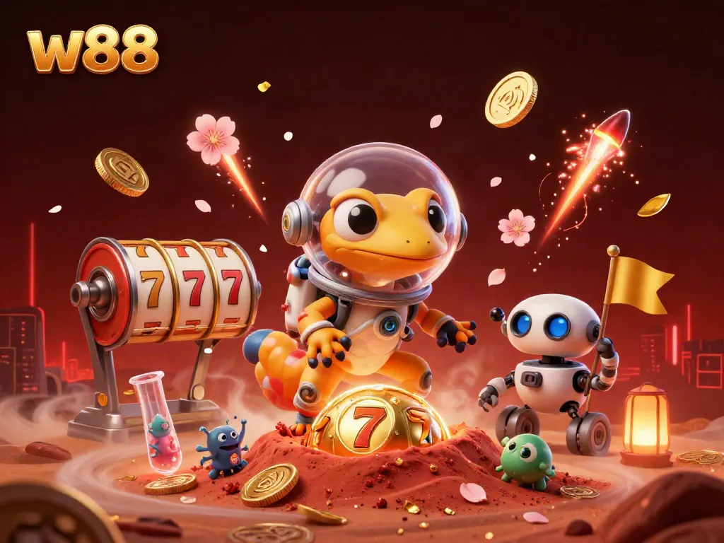 Experience excitement at a golden casino with the w88 Martian gecko discovering riches in 3D.