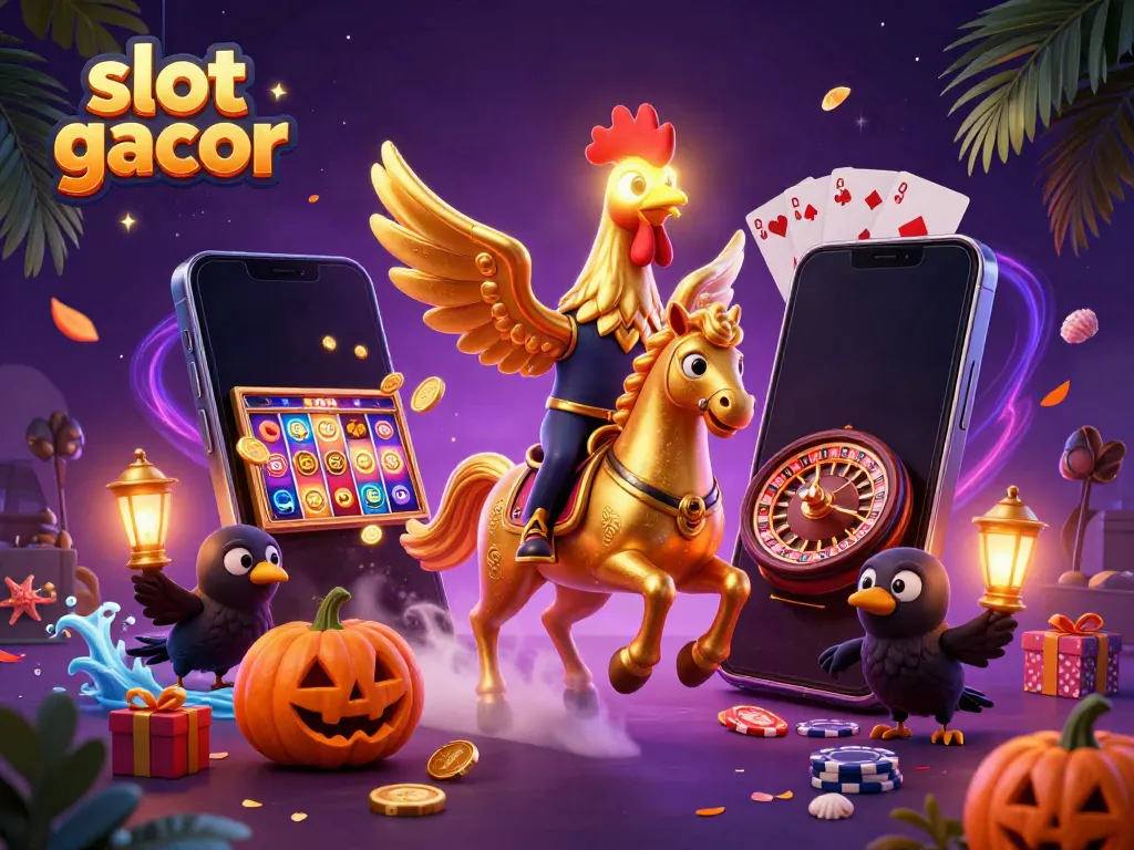 Experience the vibrant action of slot gacor with a whimsical golden rooster in a midnight casino.
