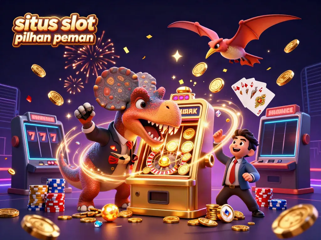 Ilustrasi dinamis dari situs slot pilihan pemain dengan pterosaurus menangkap koin emas, menambah suasana kasino.
