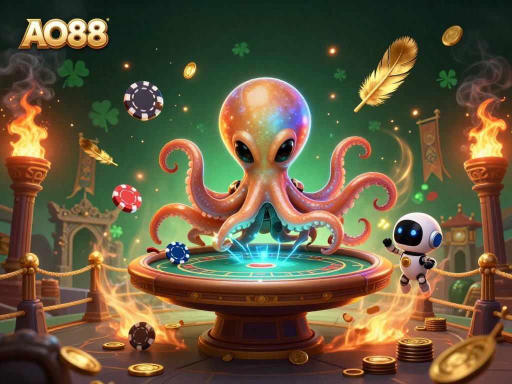 Join AO88 for a thrilling gaming adventure as an alien octopus and robot conquer the poker game.