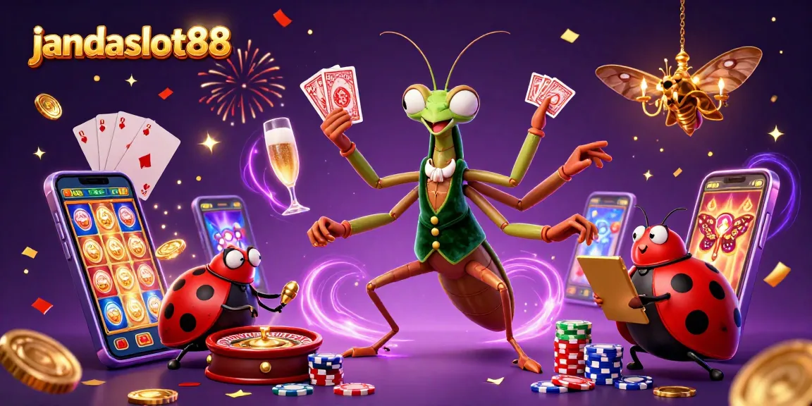 Experience the thrill at jandaslot88 with a vibrant casino scene featuring colorful games, characters, and excitement.
