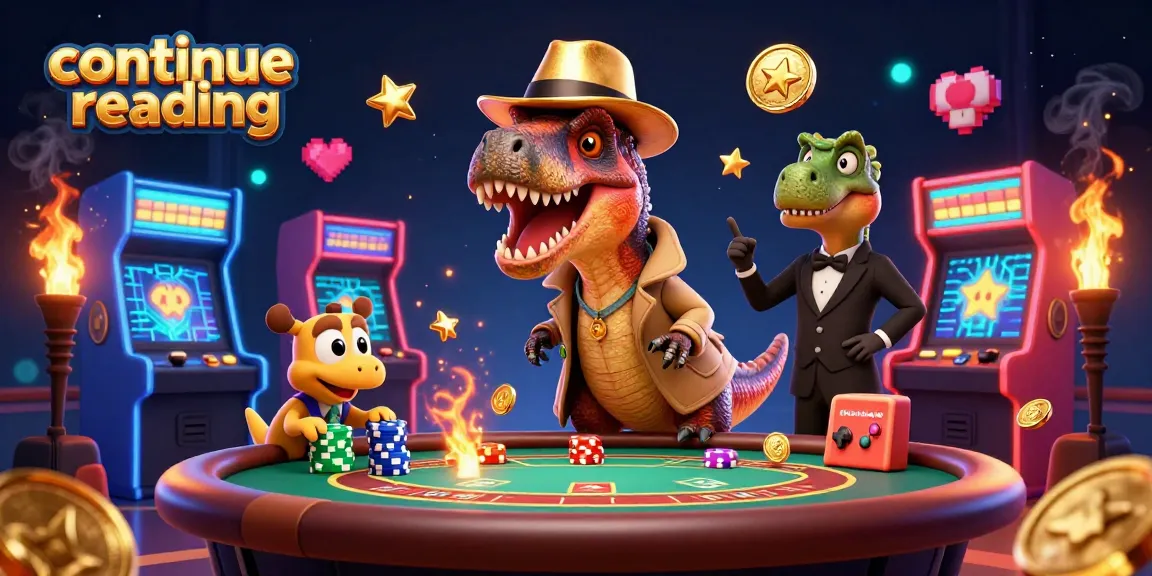 Continue reading and engage with a vibrant 3D casino scene featuring playful dinosaurs.