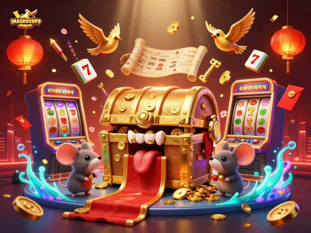 Spin your luck with MASKOKI889 in a vibrant 3D casino treasure illustration filled with adventure.